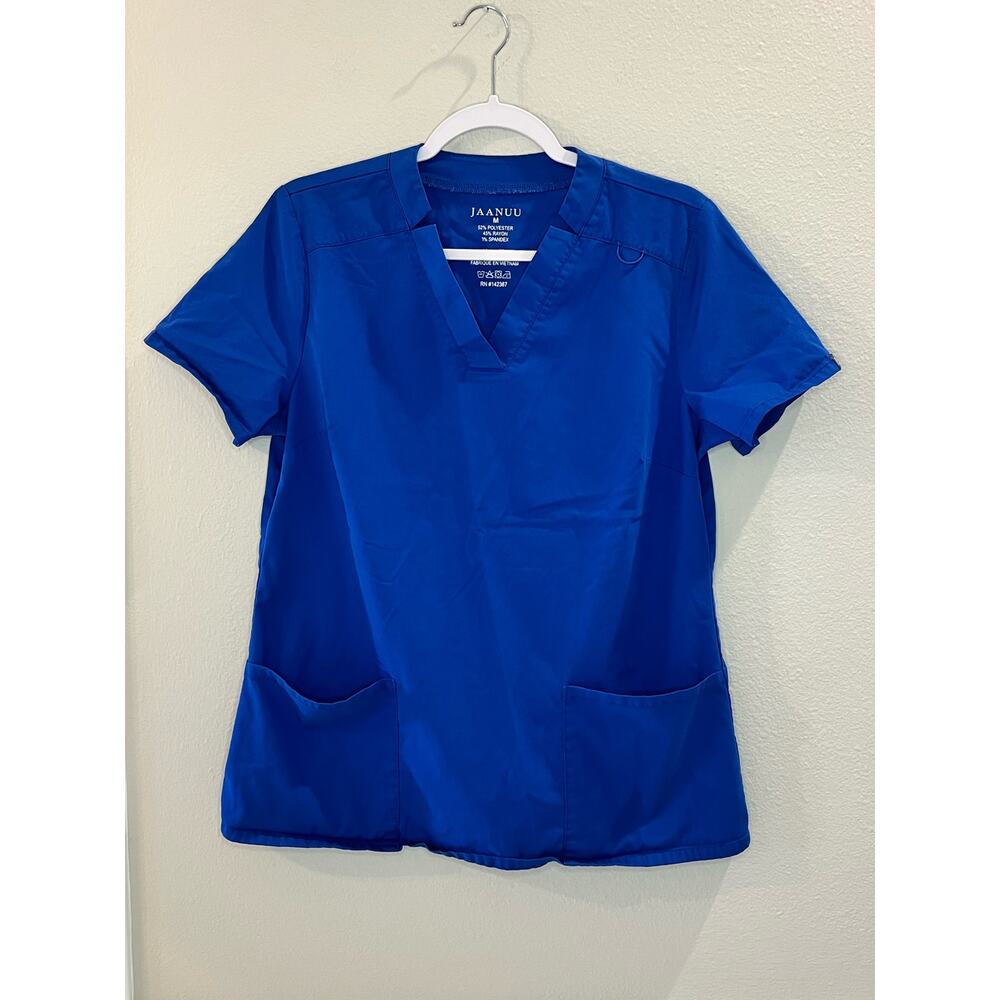 Jaanuu Woman’s Top V-neck Blue Scrub Top Only 2 Pockets Size Medium
